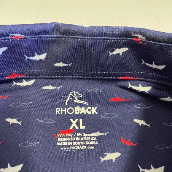 Rhoback Golf Polo Shirt Men's XL All Over Shark Print Navy Blue AOP Performance - Picture 3 of 11